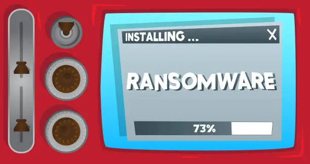 Vector illustration of Cartoon Computer With the word Ransomware. Message of a screen displaying an installation window.