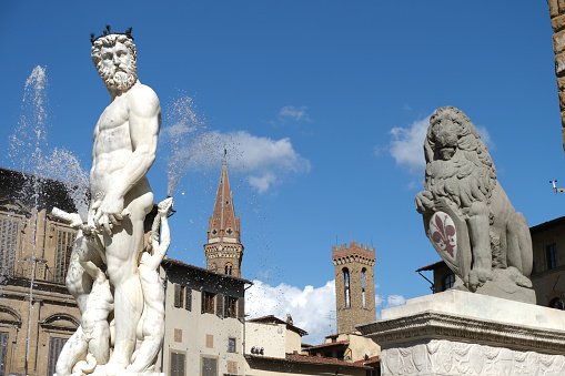 The Biancone statue of Neptune fountain in Piazza della Signoria, A famous square in Florence, Tuscany.