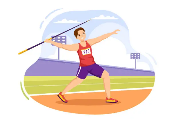 Vector illustration of Javelin Throwing Athlete Illustration using a Long Lance Shaped Tool to Throw in Sports Activity Flat Cartoon Hand Drawn Template