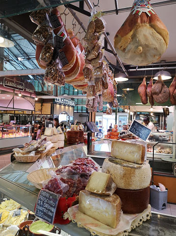 Local Ham and cheese shop at the historical Mercato di Sant' Ambrogio in Florence, Tuscany