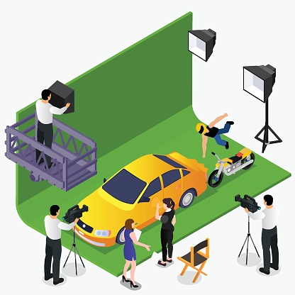 Action movie filming on green screen  isometric 3d vector illustration concept for banner, website, illustration, landing page, flyer, etc.