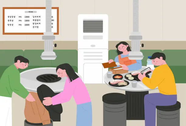 Vector illustration of Korean pork restaurant. Customers eating grilled pork belly.