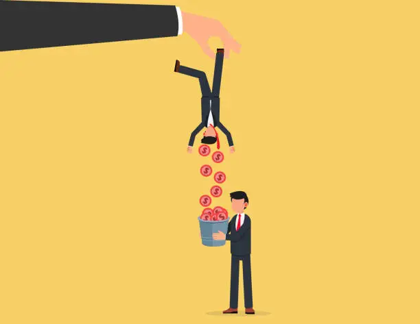 Vector illustration of Greed businessman hold small people shaking to get all their money. debt or loan interest to pay off