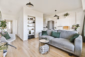 a living room with a couch and a coffee table