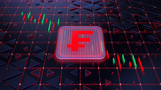 Currency exchange rate, frank index investors in the stock market Forex on the candlestick chart trading background. Global finance. Concept 3D illustration.