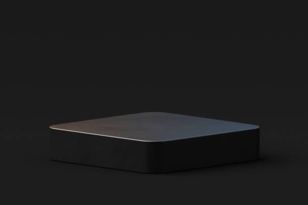 istock Black stone product platform podium display stage on modern presentation scene 3d studio background with empty pedestal showcase mockup dark backdrop or luxury advertising cosmetic stand concept. 1455162169