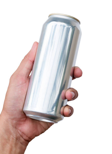 istock Hand hold mockup shiny aluminum slim can isolated on white background with clipping path 1455168012