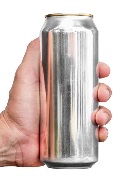 istock Hand hold mockup shiny aluminum slim can isolated on white background with clipping path 1455168014