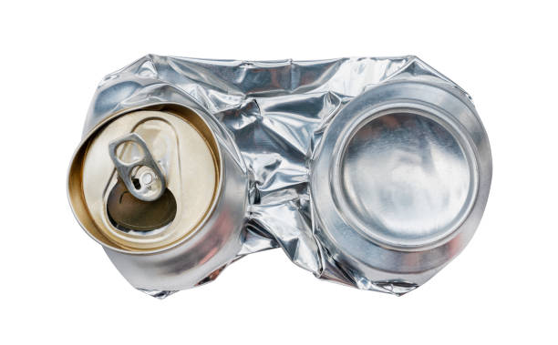 istock Flat compressed shiny aluminum can isolated on white background with clipping path 1455168018