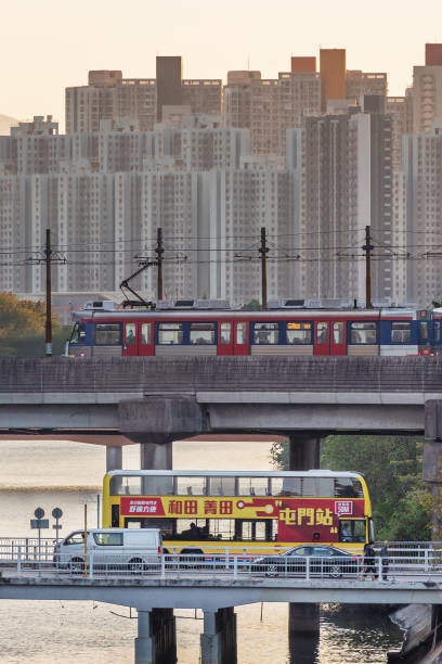 Hong Kong, China - December 25 2022 : Light rail transit in Tuen Mun. LRT is a light rail system operated by MTR Corporation, serving Tuen Mun, Yuen Long and Tin Shui Wai in Hong Kong city