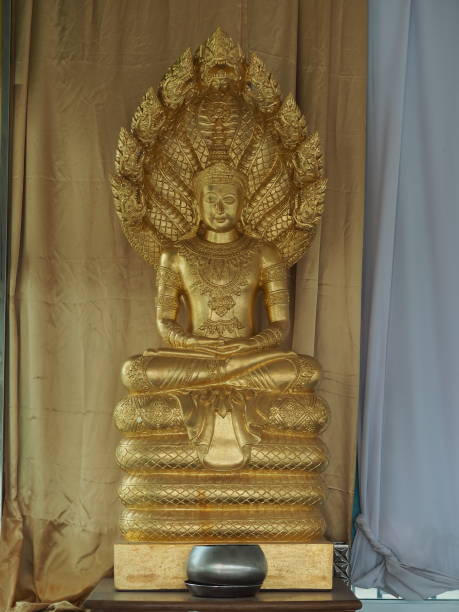 istock golden yellow Buddha statue and white light 1455169595