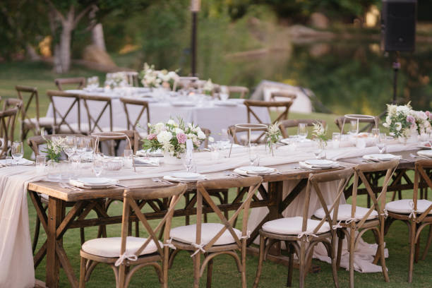cena de catering al aire libre en la boda - croquet party front or back yard wedding fotografías e imágenes de stock