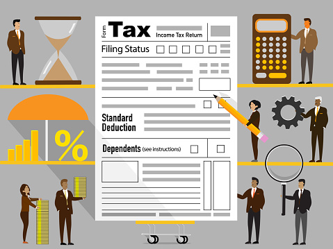 Accountants work together to prepare taxes (concept).  Each element is on its own layer.