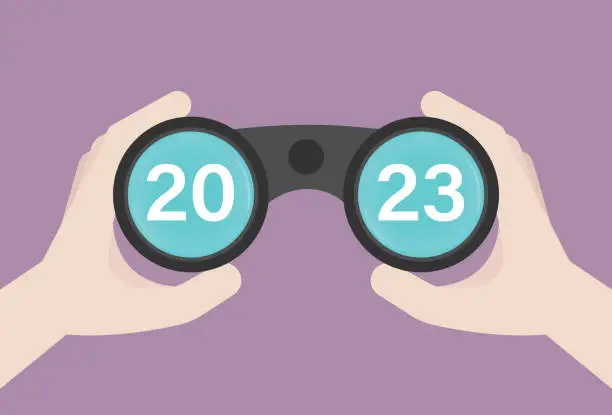 Vector illustration of Businessman uses binoculars to look 2023
