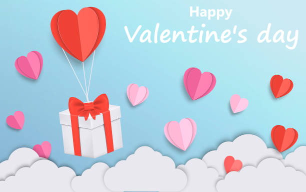 ハートの風船が空に浮かぶギフトボックス、バレンタインデー。紙のアートスタイル。ベクターイラスト。 - valentines day origami romance love点のイラスト素材／クリップアート素材／マンガ素材／アイコン素材