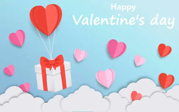 Vector illustration of Gift box with heart balloon floating it the sky, Valentine's Day. Paper art style. Vector illustration.