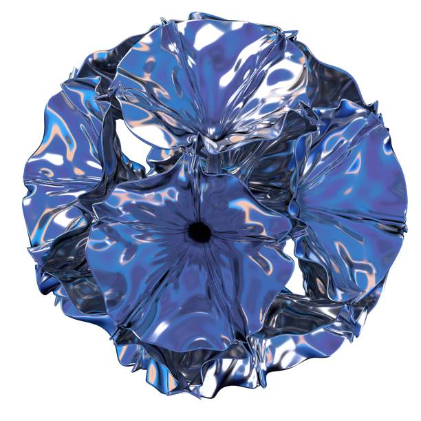 Blue metallic morning glory-like flower geometry spreading in all directions Abstract, dramatic, passionate, luxurious and exclusive isolated 3D rendering graphic design elemental background material