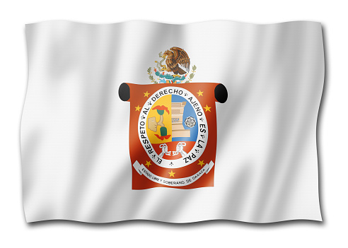 Oaxaca state flag, Mexico waving banner collection. 3D illustration