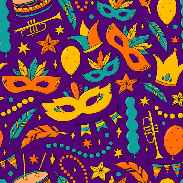 ilustraciones, imágenes clip art, dibujos animados e iconos de stock de patrón sin costuras de mardi gras con garabatos - pattern harlequin jester backgrounds