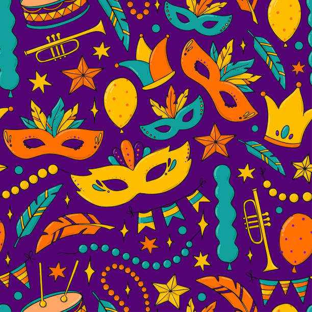 ilustrações de stock, clip art, desenhos animados e ícones de mardi gras seamless pattern with doodles - pattern harlequin jester backgrounds