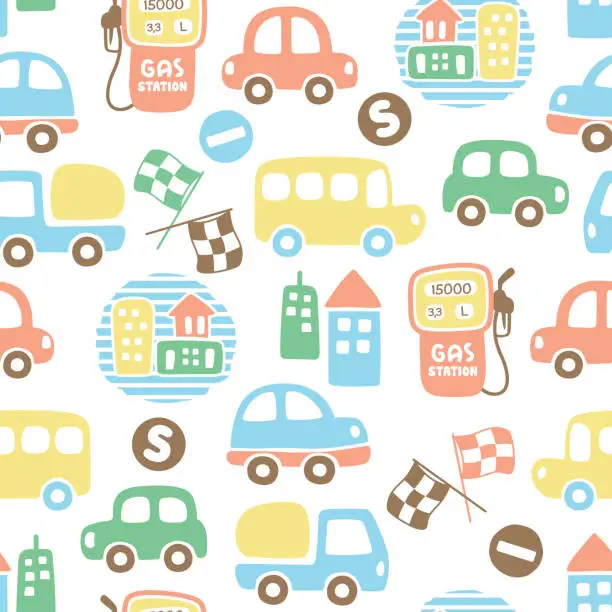 Vector illustration of Seamless pattern vector of colorful vehicles with buildings, traffic elements cartoon