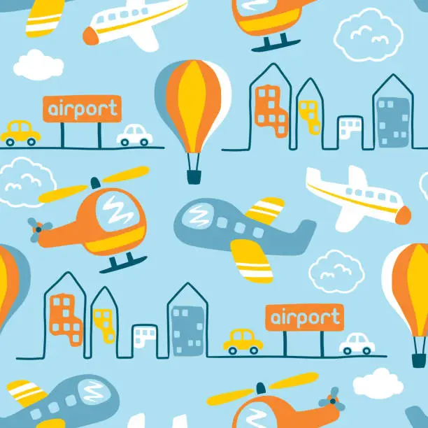 Vector illustration of Seamless pattern vector of air transportations, urban transport element cartoon