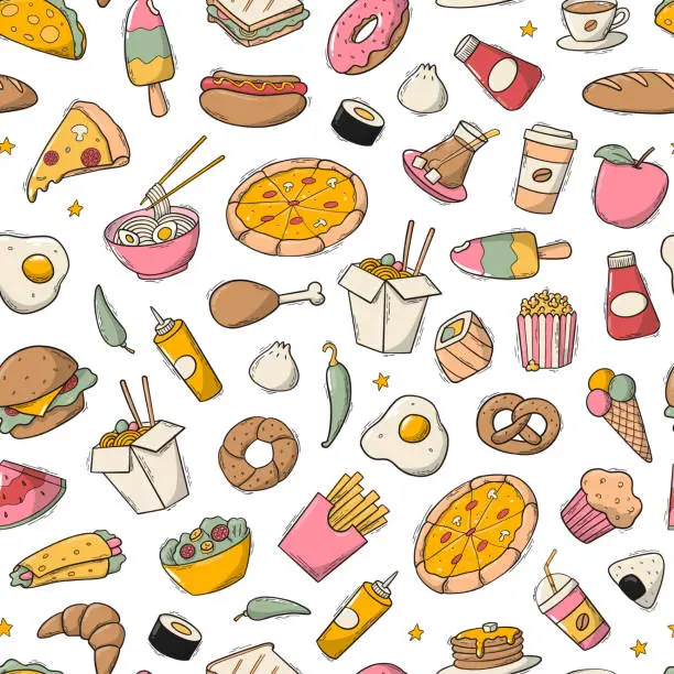 Vector illustration of Fast food seamless pattern with doodles