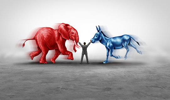 American election campaign fight as a Conservative elephant versus a liberal donkey as two opposing political candidates with a mediator fighting for the vote of the United states presidential and government seat in a 3D illustration style.