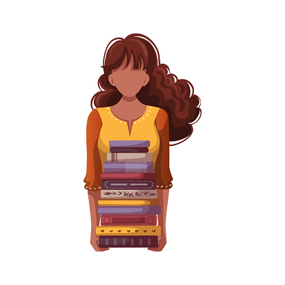 Woman with stack of books. Bookstore, bookshop, library, book lover, bibliophile, education concept. Isolated vector illustration.