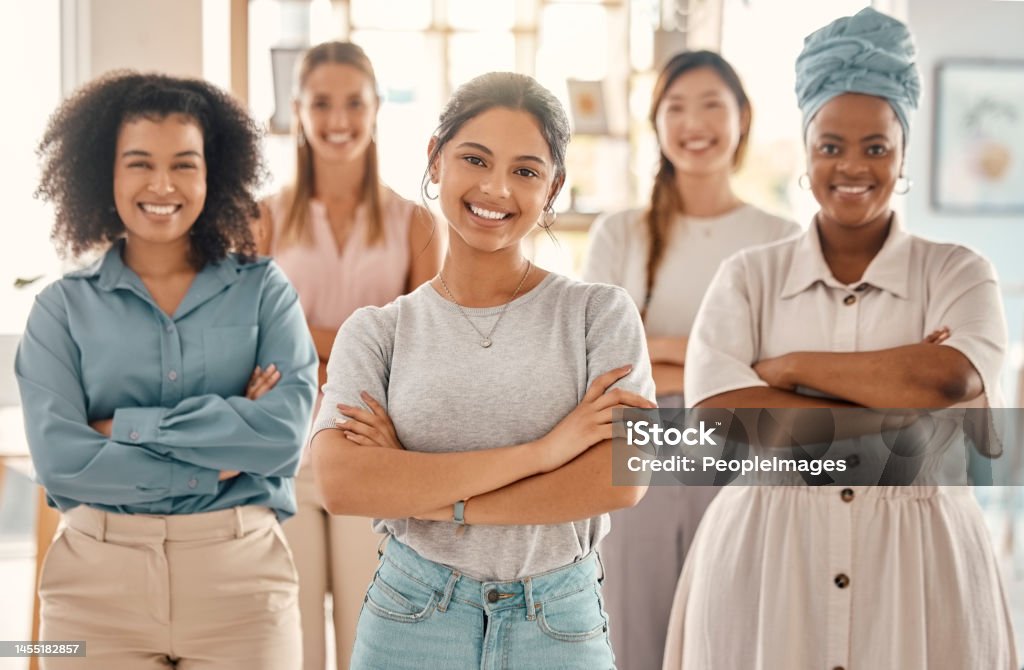 Women empowerment, business people portrait and diversity, collaboration and motivation, employee engagement and solidarity of office teamwork. Happy female group of staff in startup marketing agency Women Stock Photo