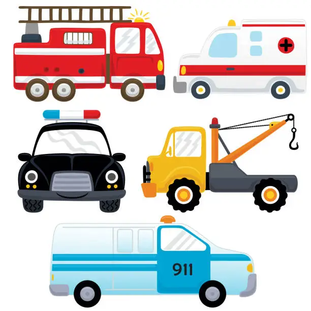 Vector illustration of Vector set of rescue vehicles cartoon