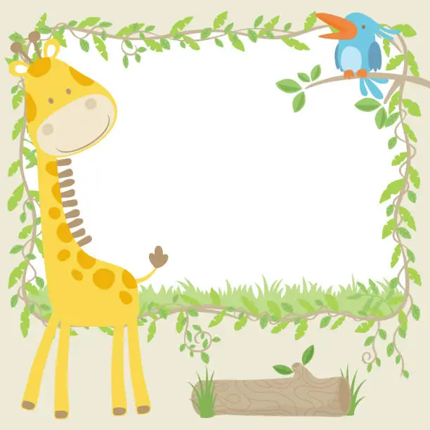 Vector illustration of Vector cartoon illustration, frame border template of vines  with giraffe and bird