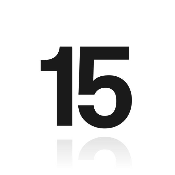 15 - numer piętnaście. ikona z odbiciem na białym tle - number 15 stock illustrations