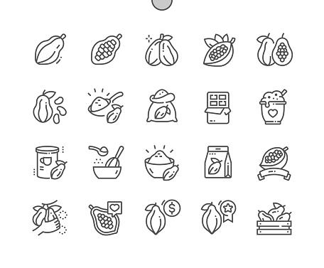 Cocoa beans. Chocolate. Cooking, recipes and price. Whole and half cocoa. Food shop, supermarket. Menu for cafe. Pixel Perfect Vector Thin Line Icons. Simple Minimal Pictogram