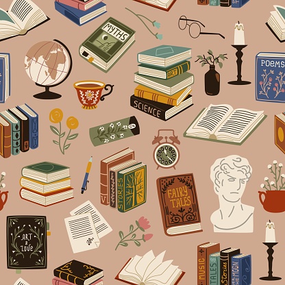 Books seamless pattern. Vintage cozy elements, printed publications, volumes of literature, retro library flying objects. Decor textile, wrapping paper, wallpaper. Tidy vector hand drawn background