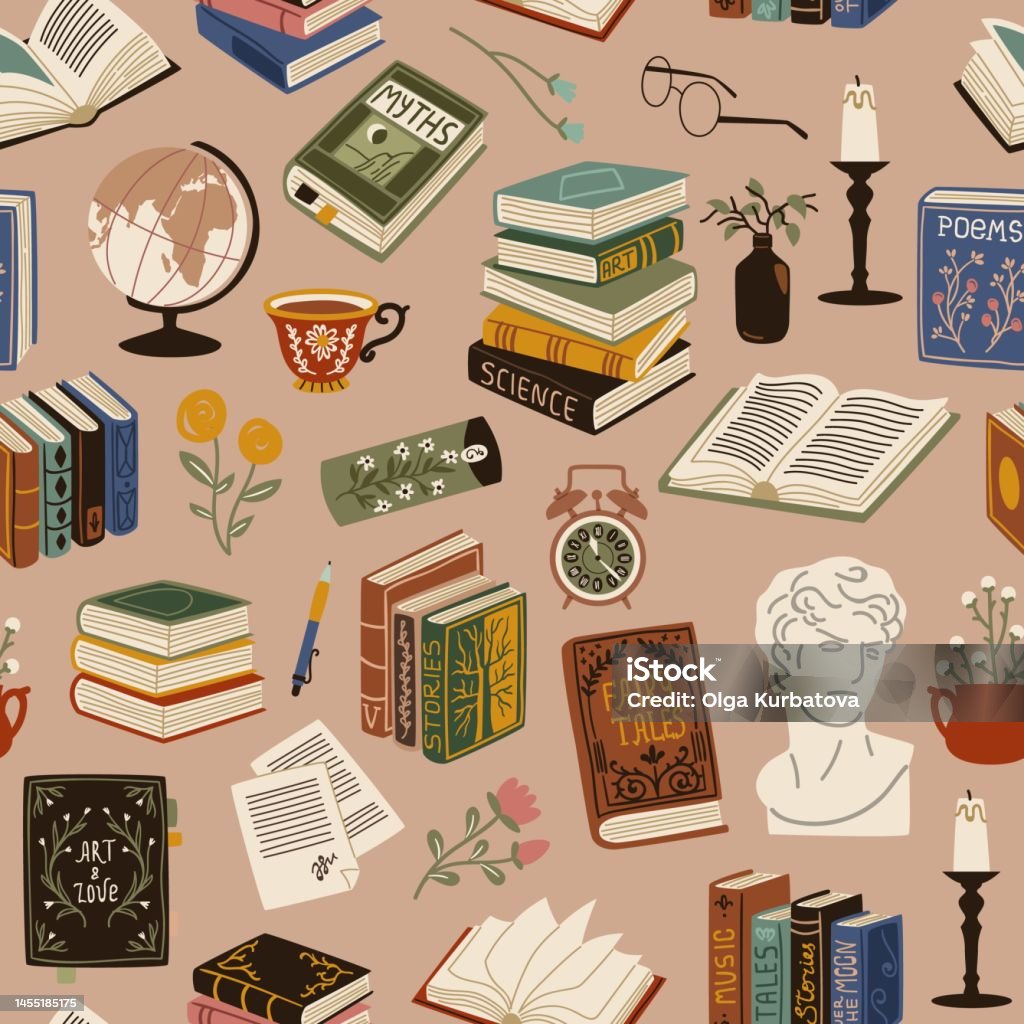 Books Seamless Pattern Vintage Cozy Elements Printed Publications Volumes  Of Literature Retro Library Flying Objects Decor Textile Wrapping Paper  Wallpaper Tidy Vector Background Stock Illustration - Download Image Now -  iStock