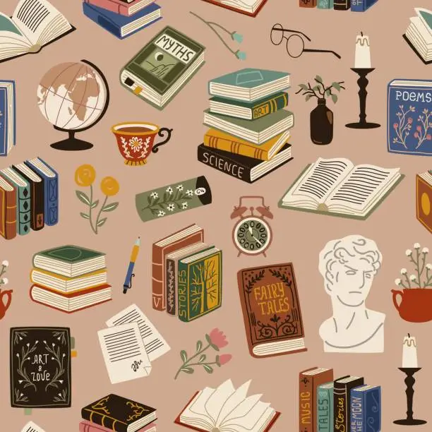 Vector illustration of Books seamless pattern. Vintage cozy elements, printed publications, volumes of literature, retro library flying objects. Decor textile, wrapping paper, wallpaper. Tidy vector background