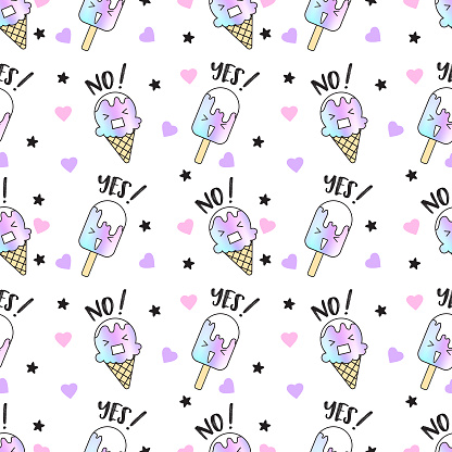 Cute seamless pattern rainbow ice cream. A cute and colorful ice cream pattern that says Yes No, suitable for printing on fabric. and other print media.