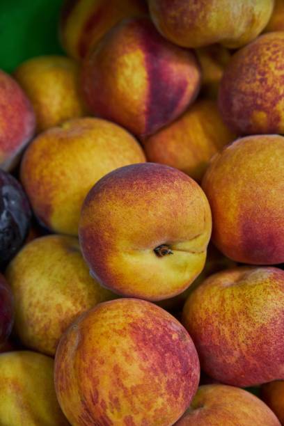 istock Stacked peaches placed on a shelf for sale 1455196619