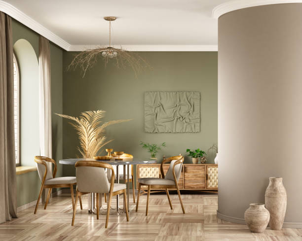 interior design of modern dining room, marble table and wooden chairs. wooden sideboard over green wall. home interior with arch window. 3d rendering - living room showcase interior luxury dining room imagens e fotografias de stock