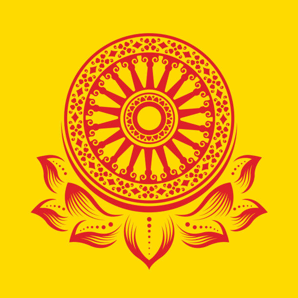 Red dharmachakra wheel of dhamma on lotus petals sign on yellow background vector design Red dharmachakra wheel of dhamma on lotus petals sign on yellow background vector design dharmachakra stock illustrations