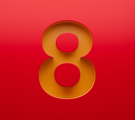 3d digit 8 or eight bevel gold number on red background 3D illustration.