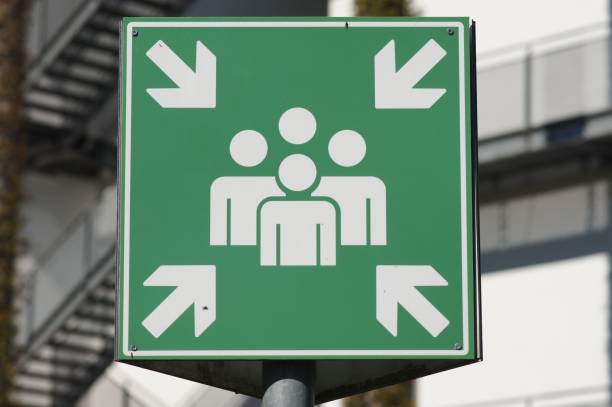 istock Sign for an emergency assembly point on a university campus. 1455200650