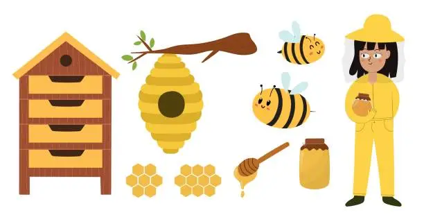 Vector illustration of Bee and honey elements set. Beekeeper girl holding a jar with honey, hive, pollen, and other farm objects