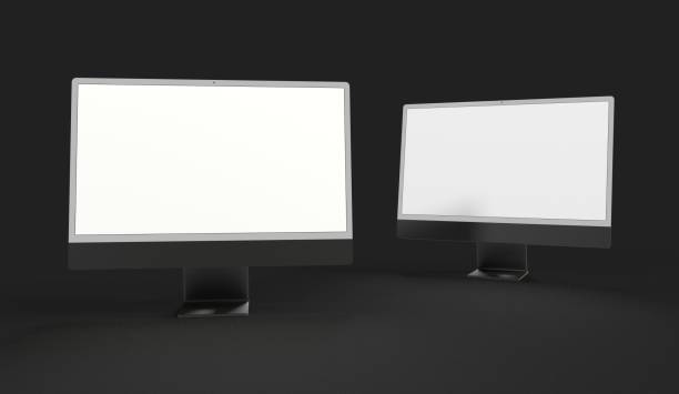 暗い背景に2つの液晶ディスプレイの3dレンダリング - computer monitor computer liquid crystal display visual screen ストックフォトと画像