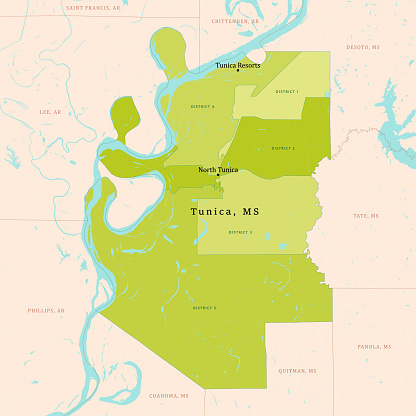 MS Tunica County Vector Map Green. All source data is in the public domain. U.S. Census Bureau Census Tiger. Used Layers: areawater, linearwater, cousub, pointlm.