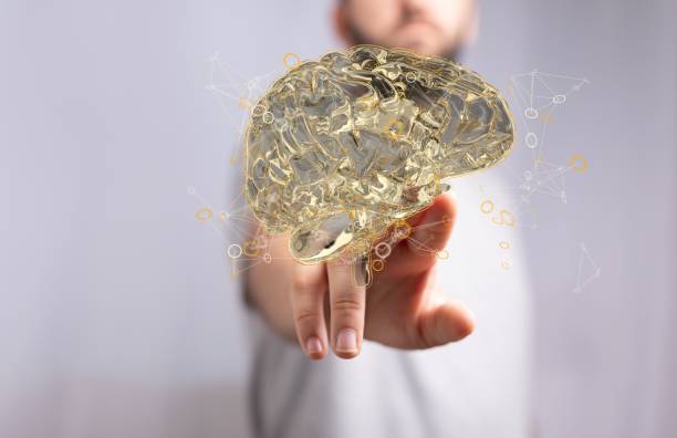 istock Person pointing at a 3D render of a holographic digital style human brain 1455203003