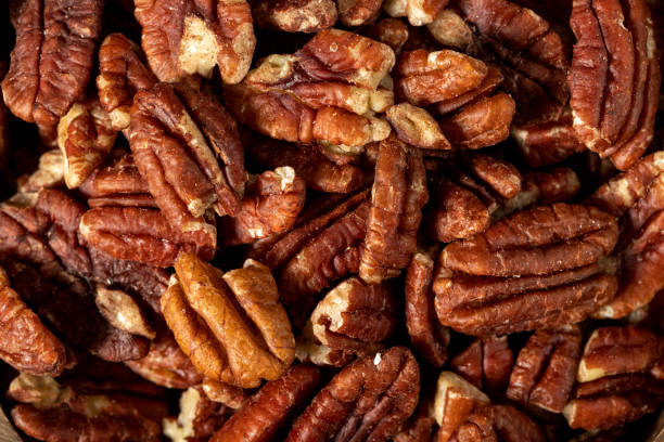 istock Pecan on dark background. Healthy fat. Heap shelled Pecans nut. Close up. Keto diet. Studio shoot. Top view 1455203467