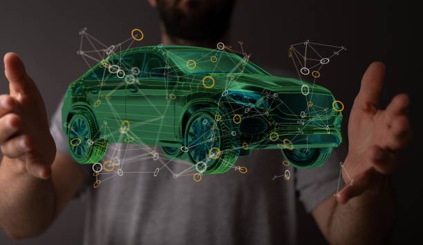 istock Closeup 3D rendering of a holographic smart car floating in a man's hands 1455204882