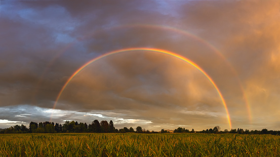 Double rainbow over the field after rain at colorful dramatic sunset